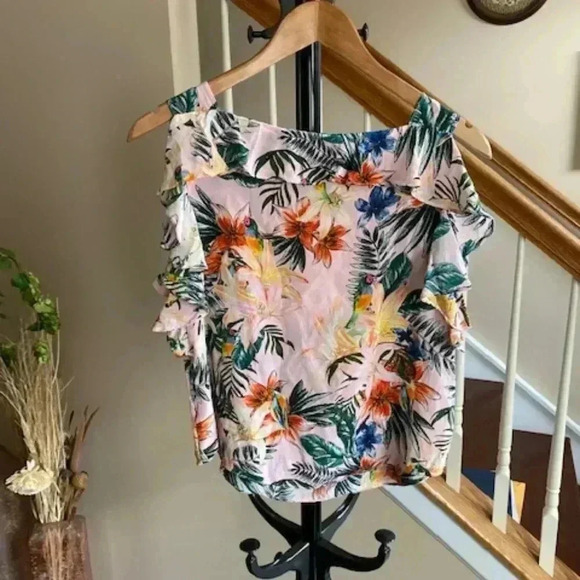 AMANDA UPRICHARD Women's Off Shoulder Ruffle Silk Blouse Tropical Birds Size M - Picture 3 of 11